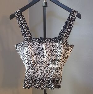 LOFT Floral Plaid Peplum Cami | Smocked Bodice | Black & White | Size M | NWT